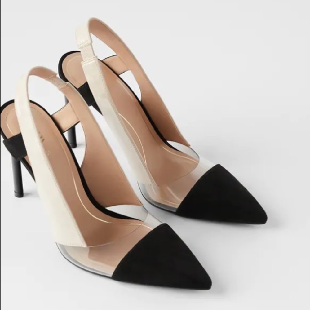 ZARA Heeled Slingback Vinyl Shoe Sz 8 Black Cream